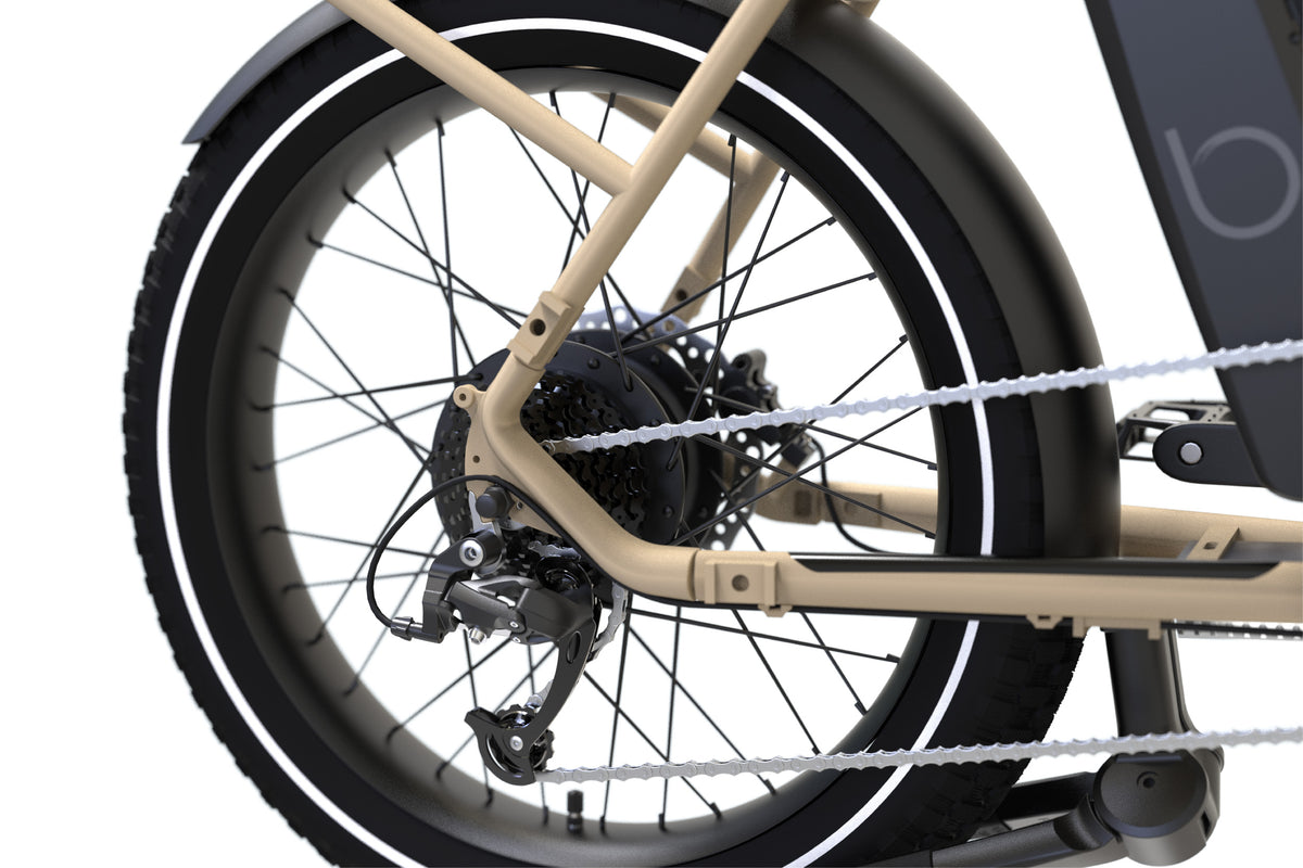 closeup of ebike's rear wheel and motor